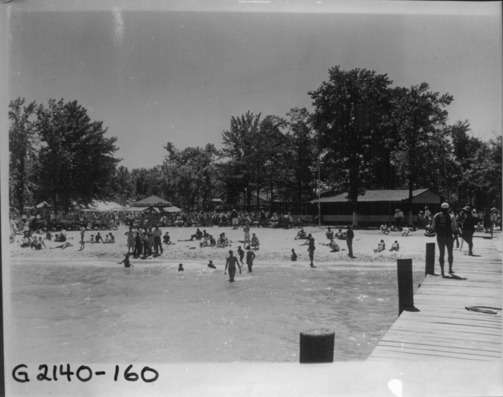 Zoomed out image of beach goes on the shore and in the water of Carr's Beach